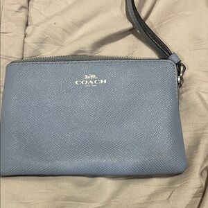 Coach Light Blue Leather Wristlet Pouch with Silver Logo